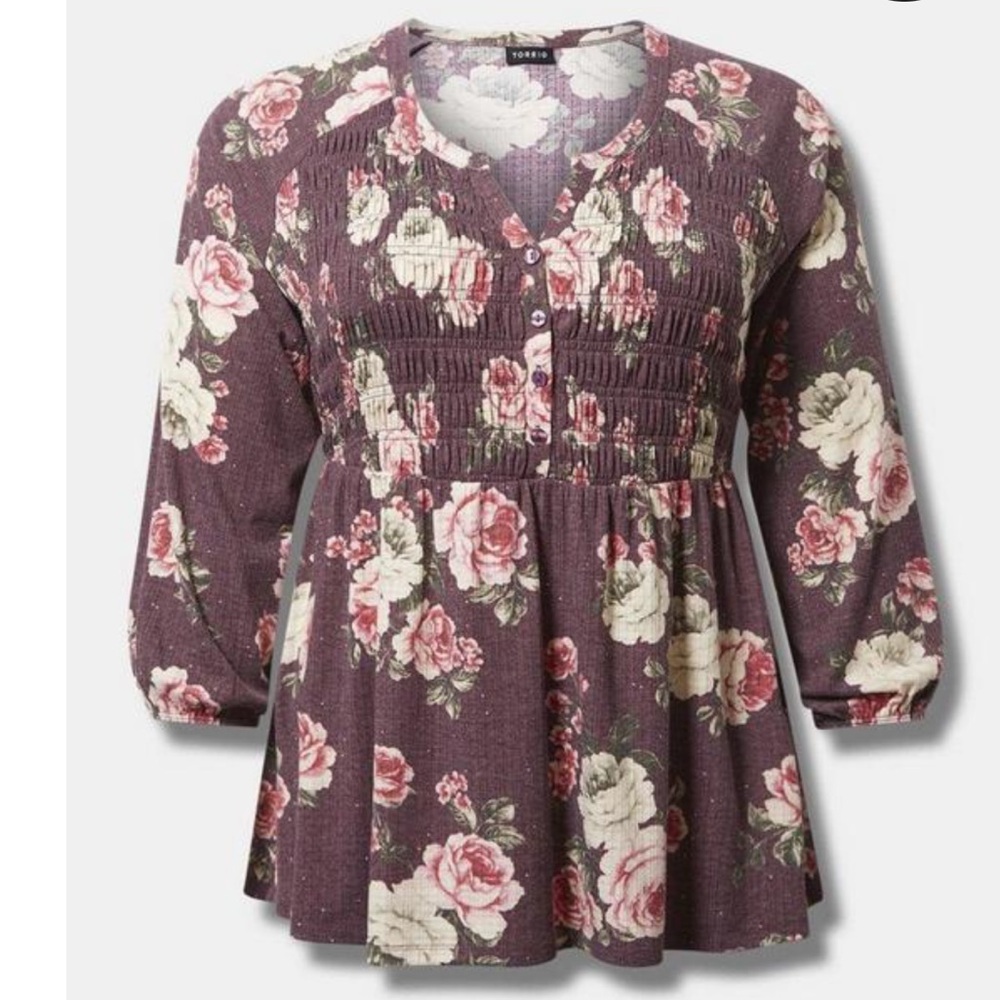Large, 1X, 4X - TORRID - Jersey Raglan Smocked Henley Babydoll Top Stretch NEW - Picture 5 of 5
